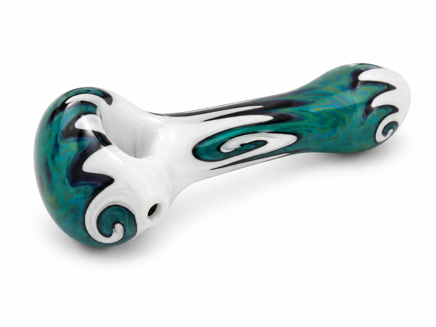 White & Teal Swirl Glass Spoon Pipe