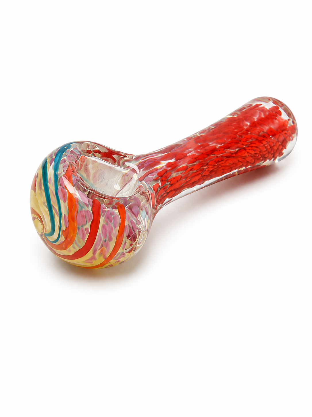 Red Fritted Rainbow Swirl Glass Spoon Pipe